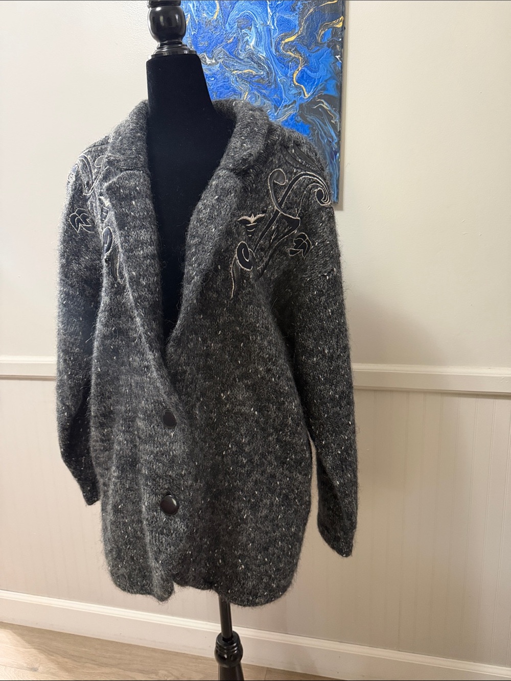Gray Embroidered Knit Men's Cardigan Jacket wool mohair blend Hong Kong